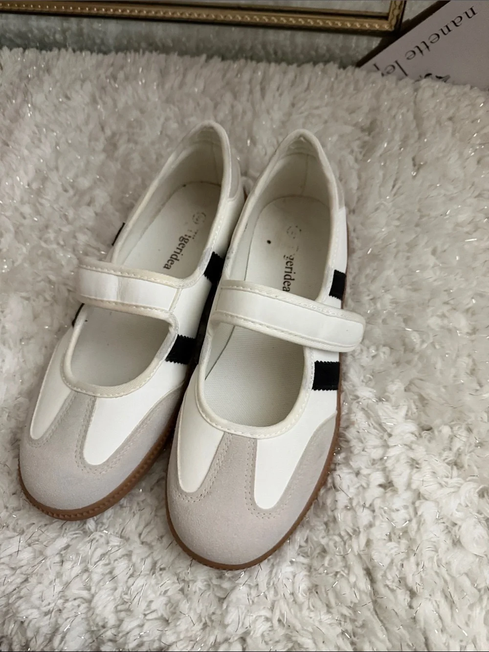 Casual Mary Jane Flats in White and Beige with Black Accent - Picture 1 of 5